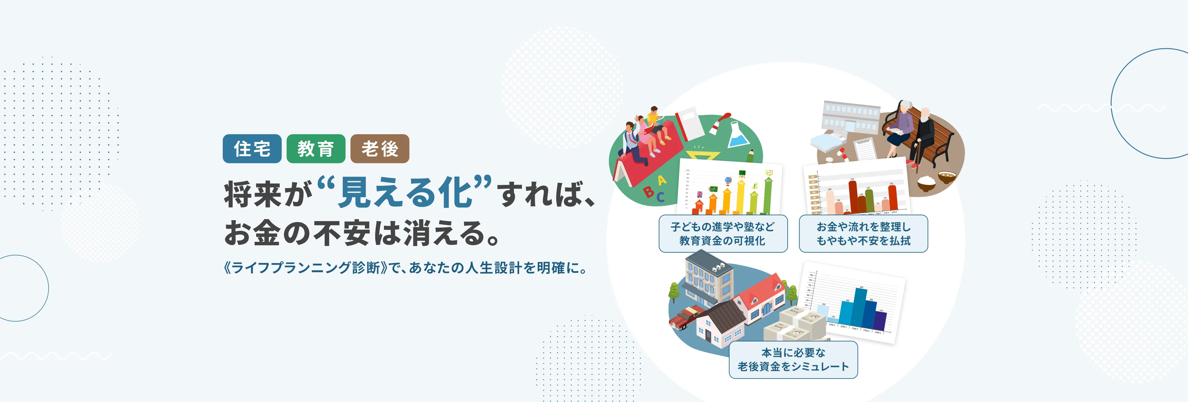 将来が“見える化”すれば、 お金の不安は消える。《ライフプランニング診断》で、あなたの人生設計を明確に。