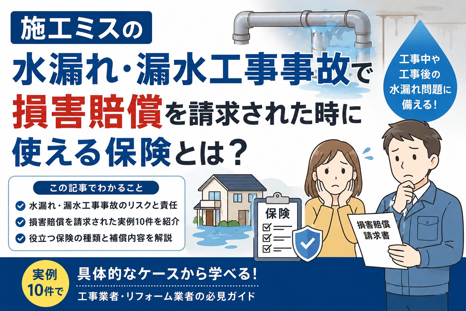 施工ミスの水漏れ・漏水工事事故で損害賠償を請求された時に使える保険とは？実例10件で解説