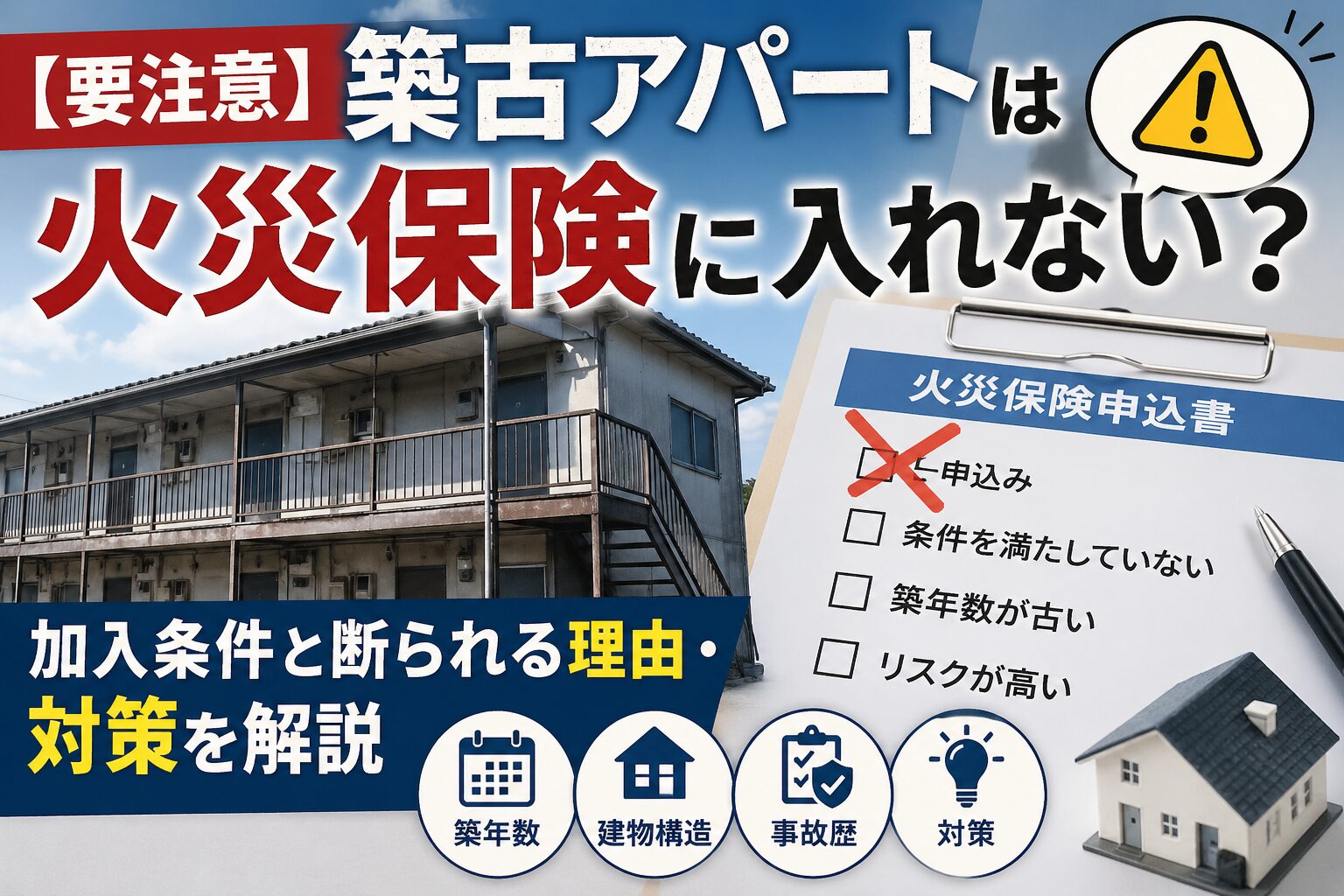 【要注意】築古アパートは火災保険に入れない？加入条件と断られる理由・対策を解説