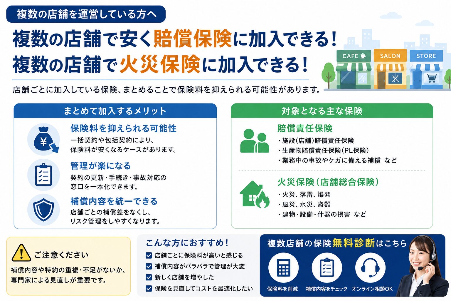 【複数店舗経営者向け】店舗ごとに保険加入していませんか？賠償責任保険・火災保険をまとめて安くする方法をFPが解説